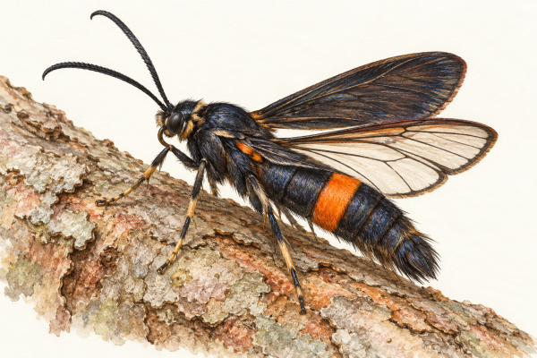 AI-generated illustration of a female greater peachtree borer moth on bark, with a dark body and orange abdominal band.