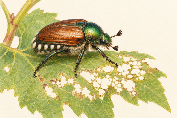 AI-generated illustration of a Japanese beetle with a metallic green head and copper wing covers on a skeletonized grape leaf.