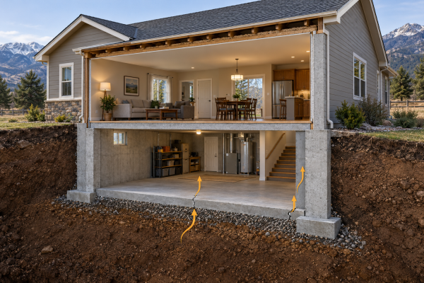 Cutaway of a home with arrows showing soil gas entering through foundation cracks and gaps.