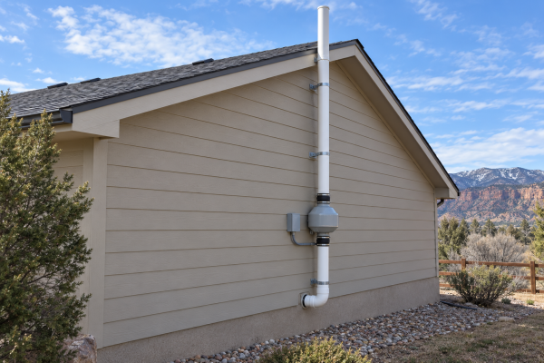 Exterior PVC radon vent pipe with an outdoor inline fan extending above the roof of a house.