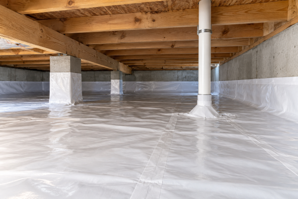 Lined crawl space with sealed vapor barrier seams and a PVC radon suction pipe passing through a sealed boot.