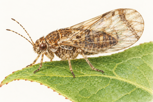 AI-generated illustration of an adult pear psylla on a green pear leaf, with a brown body and transparent wings.