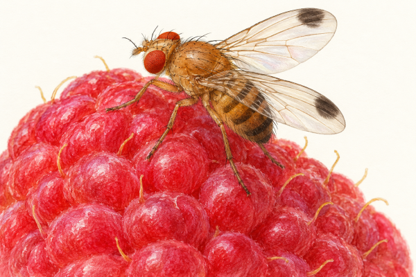 AI-generated illustration of a male spotted wing drosophila on a raspberry, showing red eyes and dark spots near its wing tips.