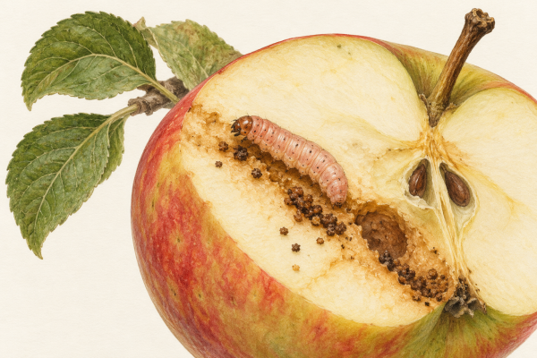 AI-generated illustration of a pink codling moth larva with a brown head on a cut apple beside feeding damage.