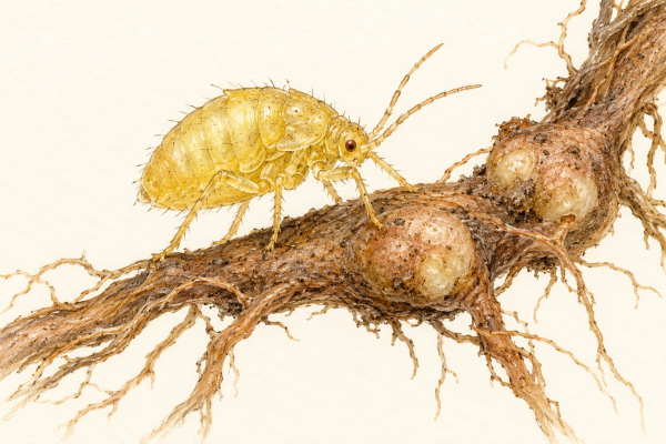 AI-generated magnified illustration of a yellow grape phylloxera insect on a grapevine root with swollen root tips.