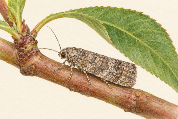 AI-generated illustration of a small gray-brown oriental fruit moth resting on a peach twig beside a leaf.