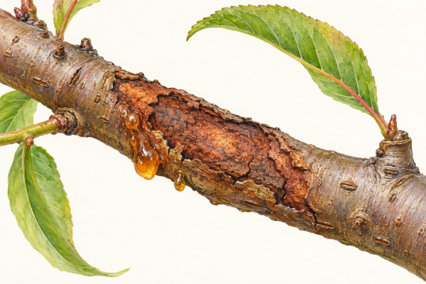 AI-generated illustration of a peach branch with sunken damaged bark and amber gum, representing Cytospora canker.