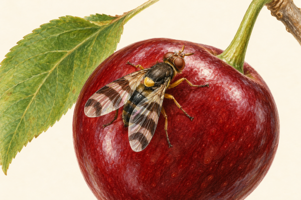 AI-generated illustration of a western cherry fruit fly on a ripe cherry, showing dark bands across its clear wings.