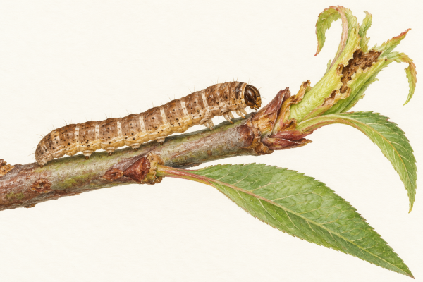 AI-generated illustration of a brown peach twig borer caterpillar with pale bands beside a damaged peach shoot.