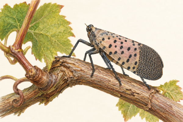 AI-generated illustration of an adult spotted lanternfly on a grapevine stem, with black-spotted folded forewings.